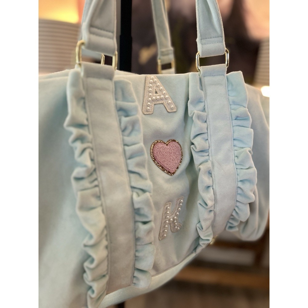 $350 Stoney Clover Lane classic ruffle duffle bag light blue Custom Pearls Patch